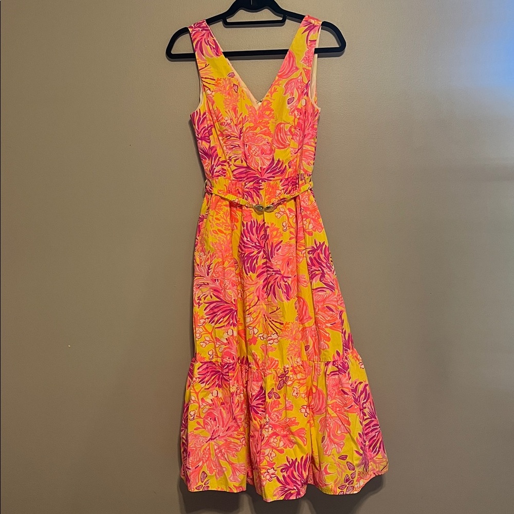 NWOT Lilly Pulitzer Bri V-Neck Cotton Midi Dress Calla Yellow Floral Coral 4